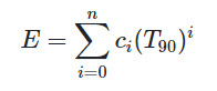 T90 (&deg;C) as a function of the emf (E) (mV)